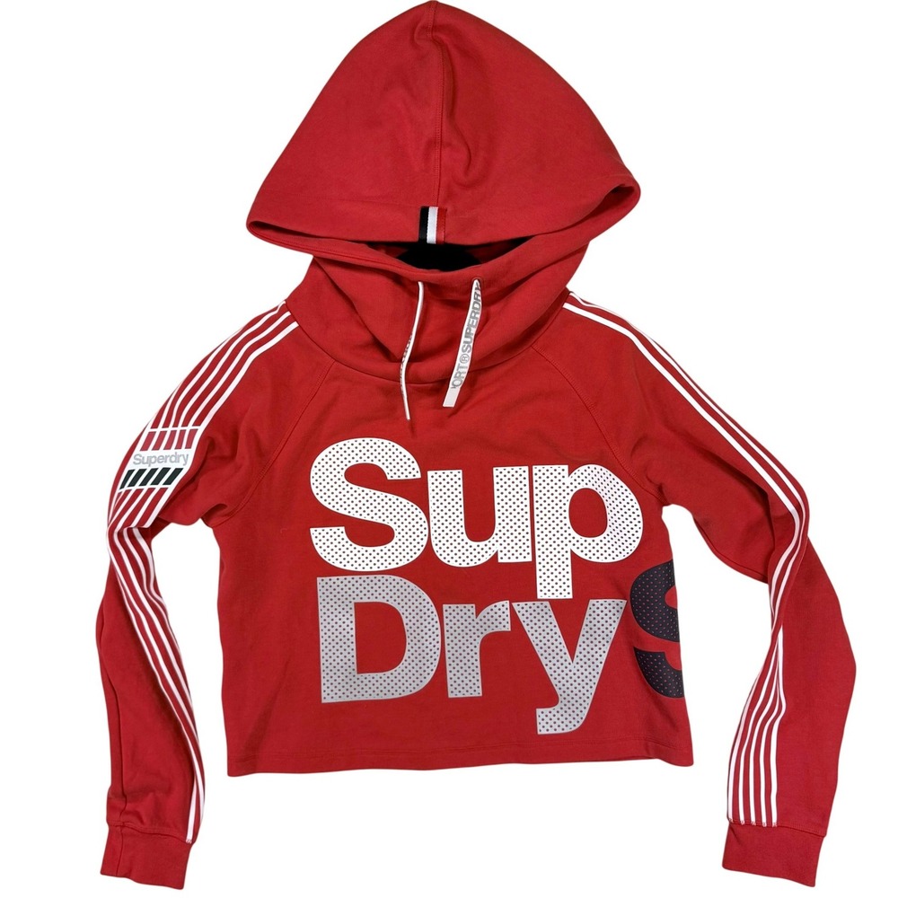 Superdry US 8 Red Sport Logo Cropped Hoodie Stripe Sleeve Athleisure Streetwear